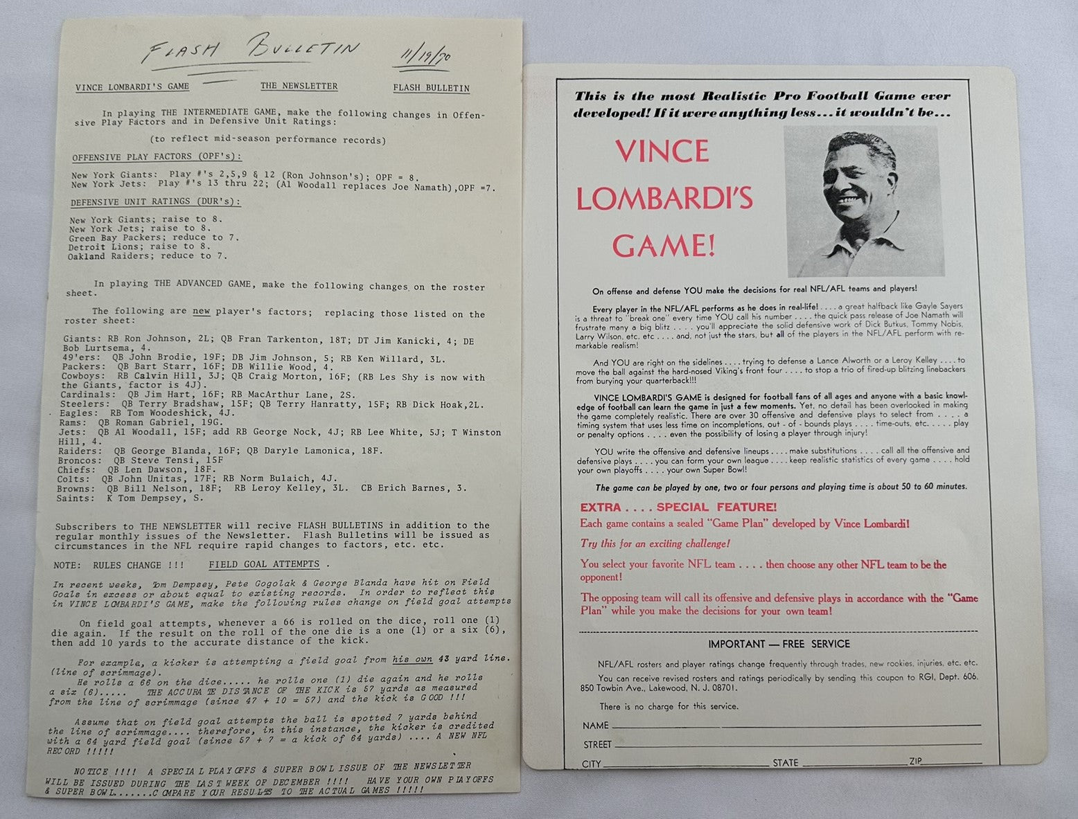 Vince Lombardi's Game - 1970 - RGI - Very Good Condition