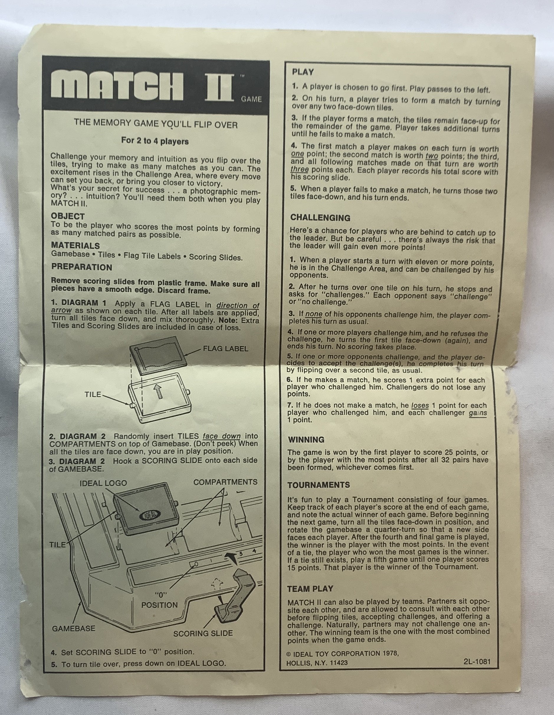 Match II Memory Game - 1978 - Ideal Games - Great Condition