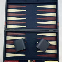 14 1/2" x 9 1/2" Backgammon Game in Navy Blue Case White and Red Chips - Complete - Great Condition