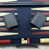 14 1/2" x 9 1/2" Backgammon Game in Navy Blue Case White and Red Chips - Complete - Great Condition