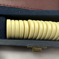 14 1/2" x 9 1/2" Backgammon Game in Navy Blue Case White and Red Chips - Complete - Great Condition