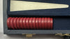 14 1/2" x 9 1/2" Backgammon Game in Navy Blue Case White and Red Chips - Complete - Great Condition