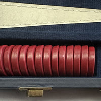 14 1/2" x 9 1/2" Backgammon Game in Navy Blue Case White and Red Chips - Complete - Great Condition