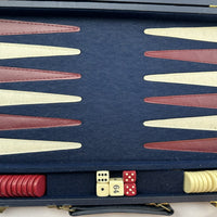 14 1/2" x 9 1/2" Backgammon Game in Navy Blue Case White and Red Chips - Complete - Great Condition