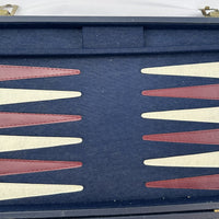 14 1/2" x 9 1/2" Backgammon Game in Navy Blue Case White and Red Chips - Complete - Great Condition