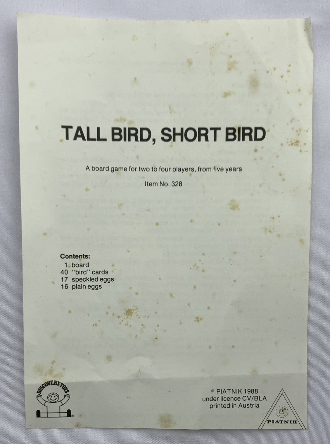 Tall Bird, Short Bird Game - 1988 - Discovery Toys - Good Condition