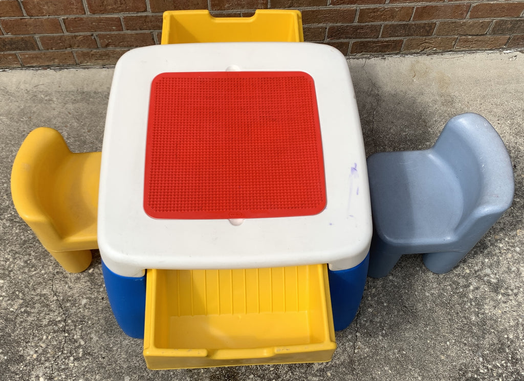 Vintage Little Tikes Table w/Drawers, Lego Top, 2 Chunky Chairs - Great Condition