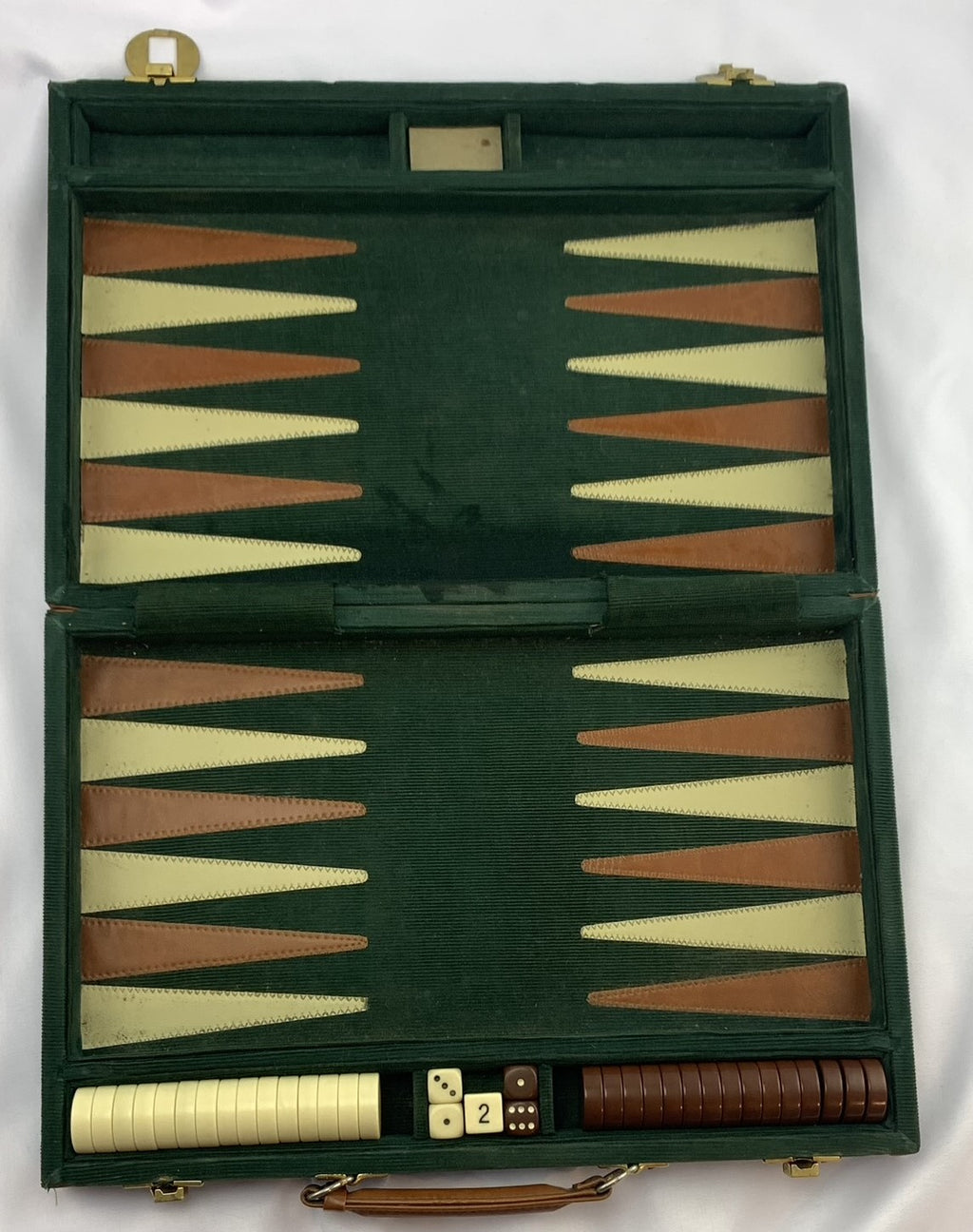 Backgammon Game 15 1/2" x 10" Green Courduroy - Complete - Great Condition